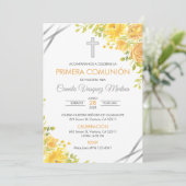 Primera Comunion Invitacion Schattigee gele bloeme Kaart (Staand voorkant)