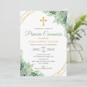 Primera Comunion Invitacion Schattigee groene blad Kaart (Staand voorkant)