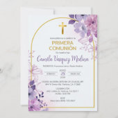 Primera Comunion Invitacion Schattigee paarse bloe Kaart (Voorkant)
