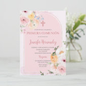 Primera comunión kleur rosa con flores kaart (Staand voorkant)