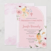 Primera comunión kleur rosa con flores kaart (Voorkant / Achterkant)