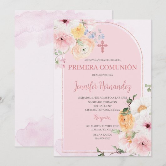 Primera comunión kleur rosa con flores kaart (Voorkant / Achterkant)