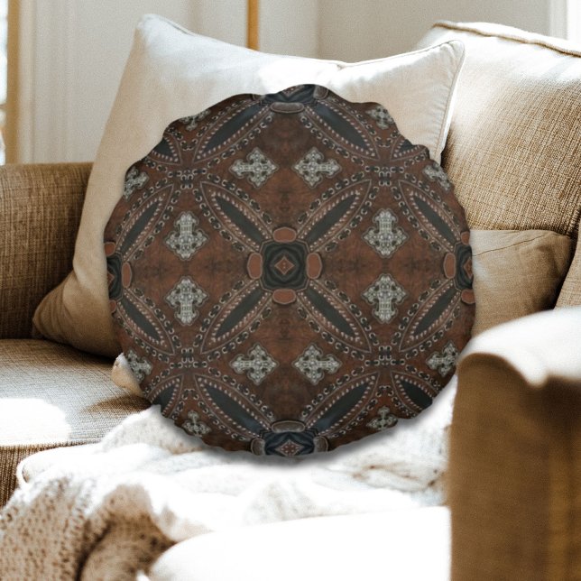 Primitief cowboy western land met gelooid leder rond kussen (Primitive cowboy western country Tooled Leather Round Pillow)