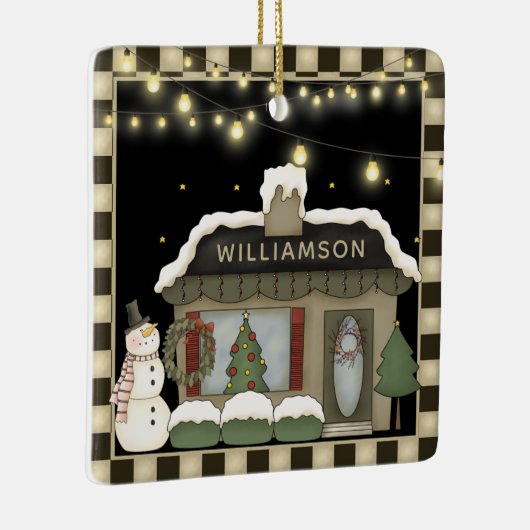 Primitief kerstcadeautje voor het land met Snowman Keramisch Ornament (Rechts)