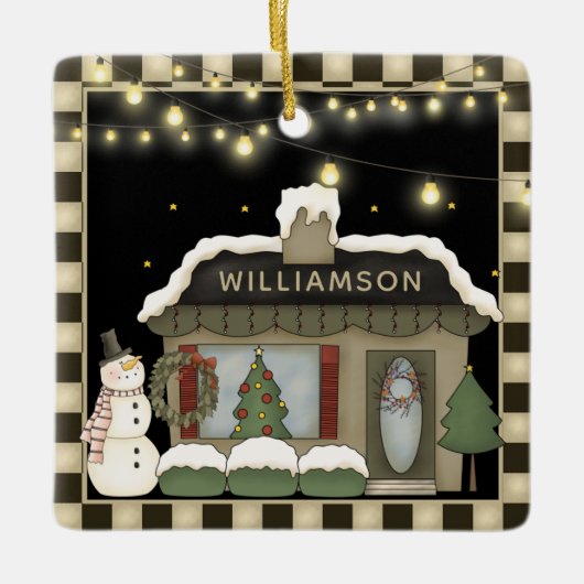 Primitief kerstcadeautje voor het land met Snowman Keramisch Ornament (Voorkant)