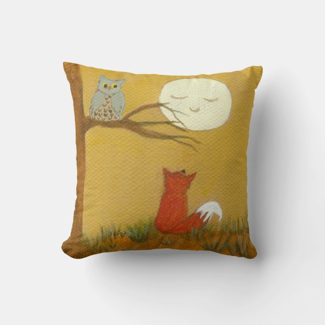 Primitief kunstschilderen Woodland Fox Owl Moon Kussen (Voorkant)