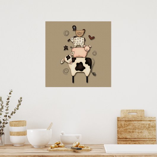 Primitief land Koe, schaap, schaap en rooster deco Poster (Keuken)