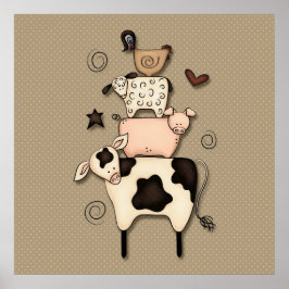 Primitief land Koe, schaap, schaap en rooster deco Poster