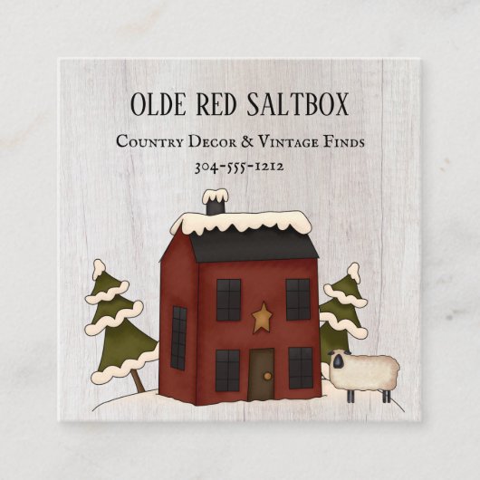 Primitief land Rustic Red Winter Saltbox Sheep Vierkante Visitekaartje (Voorkant)