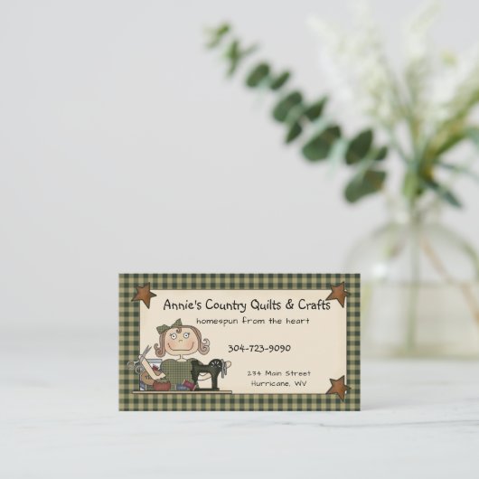 Primitief land Seing Doll Homespun Rustic Visitekaartje (Staand voorkant)