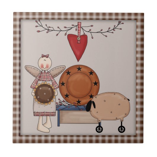 Primitief land Sunflower Sheep & Angel Tegeltje (Voorkant)
