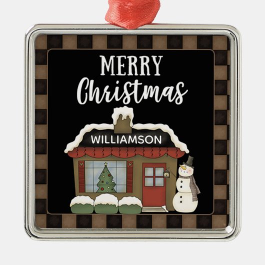 PRIMITIEF LAND VROLIJK KERSTHUISJE NAAM METALEN ORNAMENT (Voorkant)