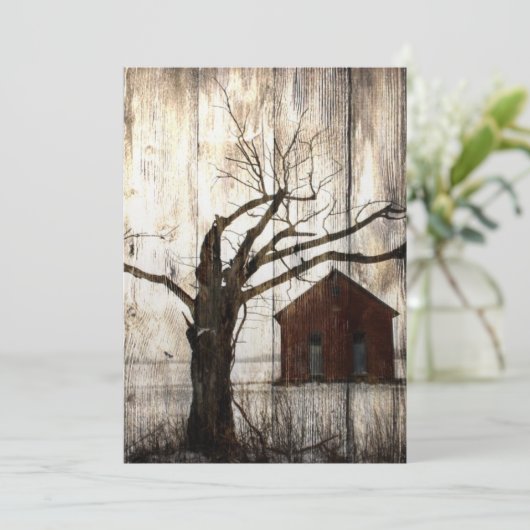 Primitief land Woodgrain Winter Tree Red Barn Kaart (Staand voorkant)