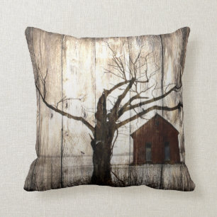 Primitief land Woodgrain Winter Tree Red Barn Kussen