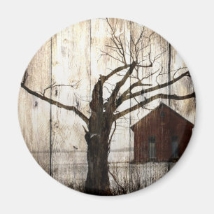 Primitief land Woodgrain Winter Tree Red Barn Magneet