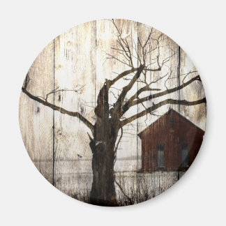 Primitief land Woodgrain Winter Tree Red Barn Magneet