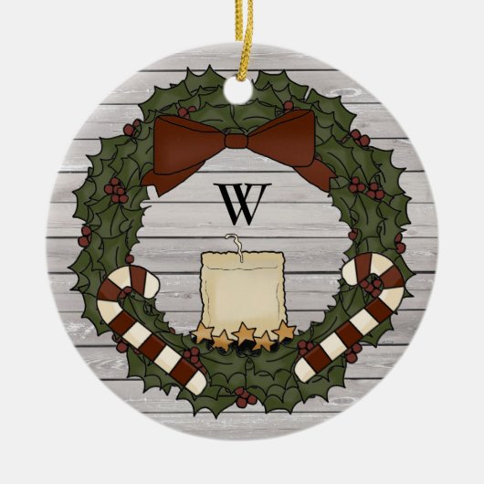 Primitief landenkwekerij Holly Monogram Wreater Keramisch Ornament (Voorkant)