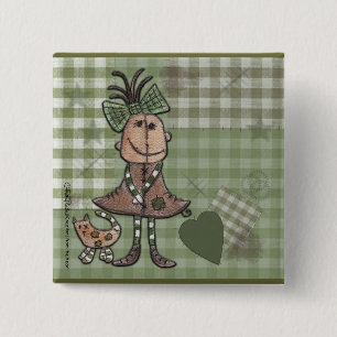 Primitief Meisje en Katten Vierkante Button 5,1 Cm