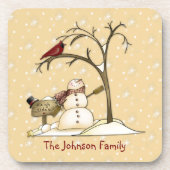 Primitief Onderzetter Snowman Red Bird (Voorkant)