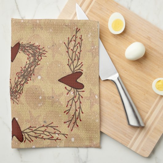 Primitief pip Berry Heart Wreath Kitchen Towel Theedoek (Quarter Fold)