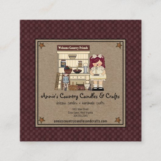 Primitief Rag Doll Rusty Stars Rustic Candle Kraft Vierkante Visitekaartje (Voorkant)