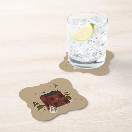 Primitief rood koloniaal met Snowman Kartonnen Onderzetters (Insitu)