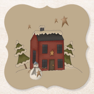 Primitief rood koloniaal met Snowman Kartonnen Onderzetters