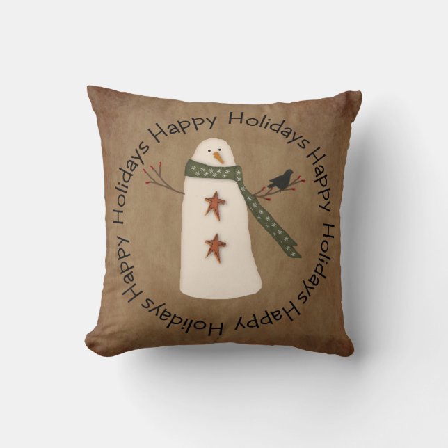 Primitief Snowman Holiday Pillow Kussen (Voorkant)