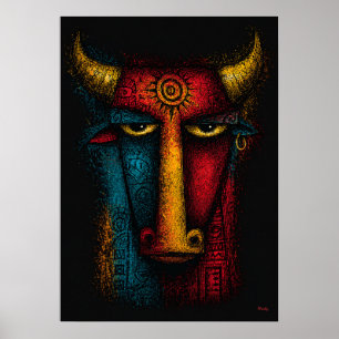 Primitief Stier Totem Abstracte Kunst – Expression Poster