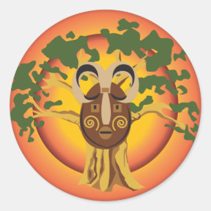 Primitief Tribal Mask op Balboa Tree Glowing Sun Ronde Sticker