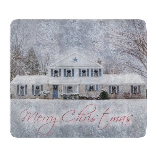 Primitief wintersneeuwland Rustic Open House Snijplank (Voorkant)