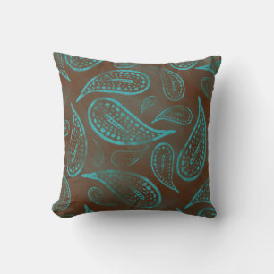 Primitieve besmeurde paisley turquoise en bruin kussen