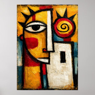 Primitieve Cubistische Zonmasker Krachtige Abstrac Poster