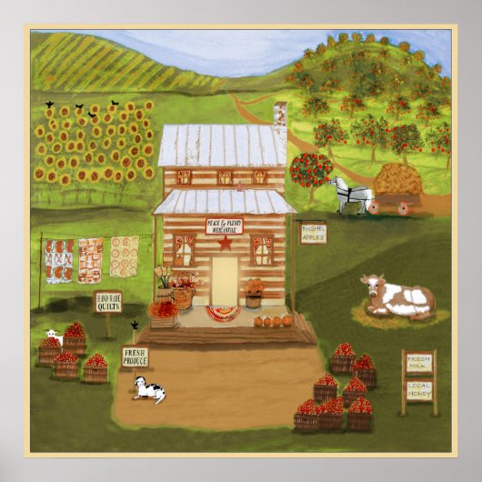 Primitieve folk Art Old Country Store Farm Animals Poster (Voorkant)