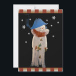 Primitieve Folk Art Snowman Holiday Party Kaart<br><div class="desc">Originele kunst in acryl op hout door Deborah Miller. Primitieve volkskunst meisje sneeuwman in een blauw pet en bont getrimde jas</div>
