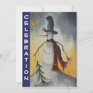 Primitieve Folk Art Snowman Holiday Party Kaart