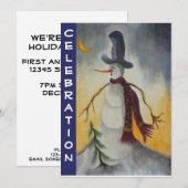 Primitieve Folk Art Snowman Holiday Party Kaart (Voorkant / Achterkant)