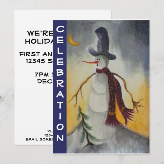 Primitieve Folk Art Snowman Holiday Party Kaart (Voorkant / Achterkant)