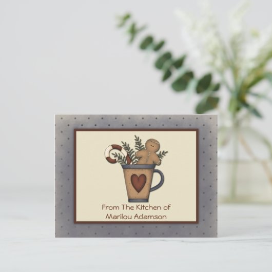 Primitieve Gingerbrood Man Candy Canes Recipe Card Briefkaart (Staand voorkant)