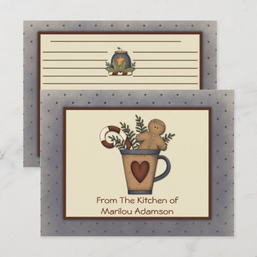 Primitieve Gingerbrood Man Candy Canes Recipe Card Briefkaart (Voorkant / Achterkant)