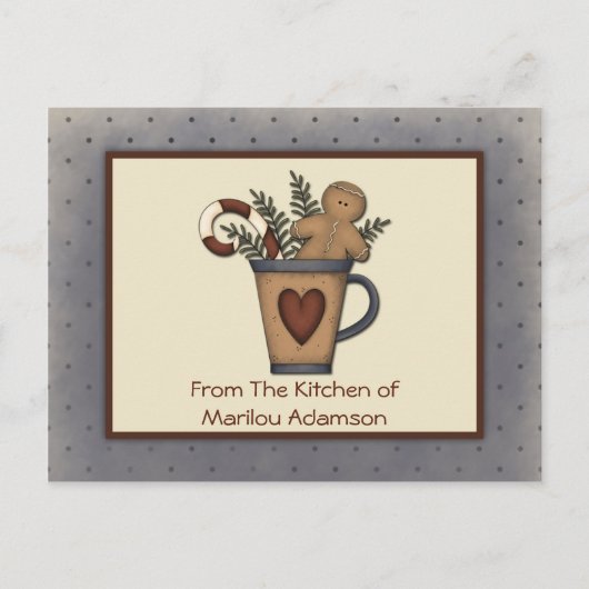 Primitieve Gingerbrood Man Candy Canes Recipe Card Briefkaart (Voorkant)