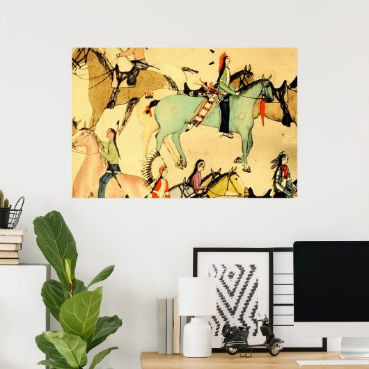 Primitieve Indiërs Paarden  Folk Tekening Poster (Thuiskantoor)