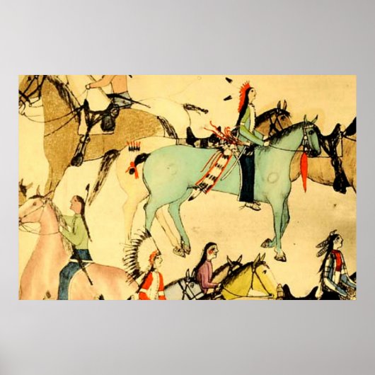 Primitieve Indiërs Paarden  Folk Tekening Poster (Voorkant)