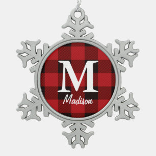 Primitieve land houthakker Rode buffel geruit Tin Sneeuwvlok Ornament