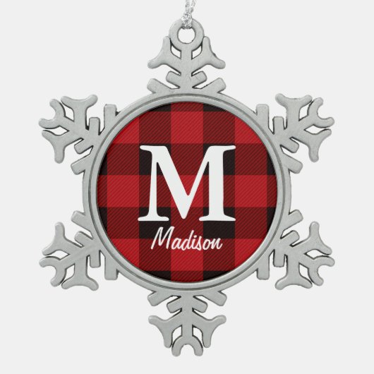 Primitieve land houthakker Rode buffel geruit Tin Sneeuwvlok Ornament (Voorkant)