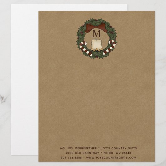 Primitieve Land Kerstkrans Monogrammed Briefhoofd (Voorkant / Achterkant)