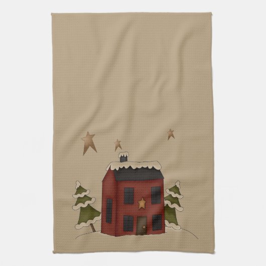 Primitieve Rode Koloniale in de sneeuw Theedoek (Verticaal)