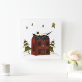 Primitieve Rode Koloniale in de sneeuw Vierkante Klok (Huis)