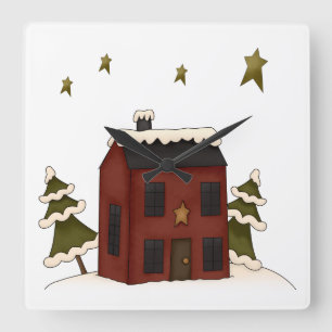 Primitieve Rode Koloniale in de sneeuw Vierkante Klok