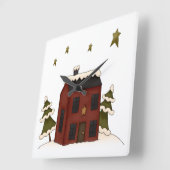 Primitieve Rode Koloniale in de sneeuw Vierkante Klok (Hoek)